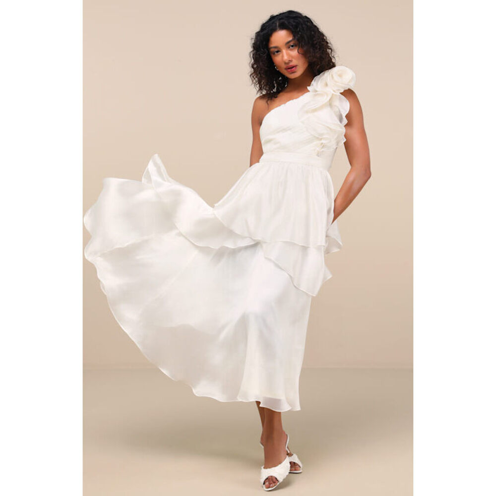 Lulus Lanelle Ivory Ruffled One-shoulder Midi Dress White - Size M